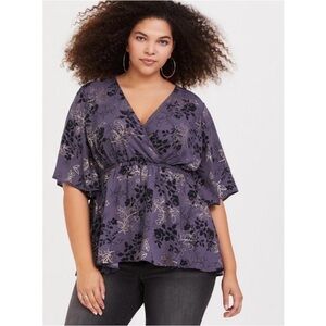 Torrid Lily Babydoll Georgette Surplice Purple Black and Gold Blouse Womens 2X